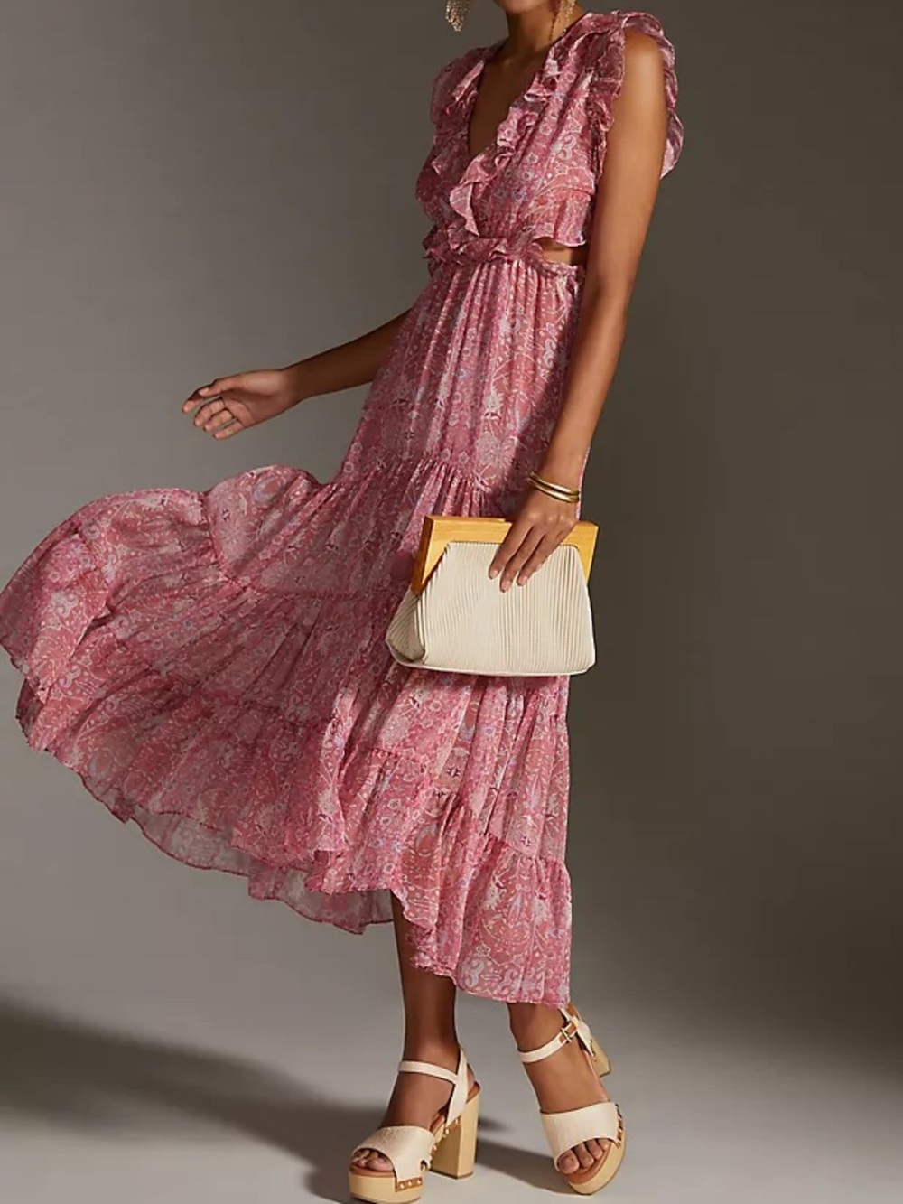 Misa Los Angeles Pink Paisley Ruffled Midi Dress Side Cutouts
